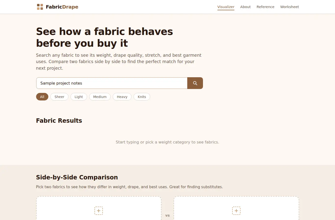 Screenshot of Fabric Weight & Drape Visualizer interface showing the project page in use